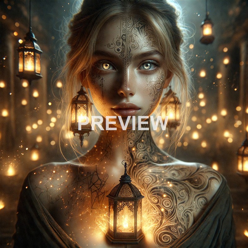 A mystical woman with intricate tattoos on her face and body, surrounded by floating lanterns and glowing sparks in a dark, enchanted setting.